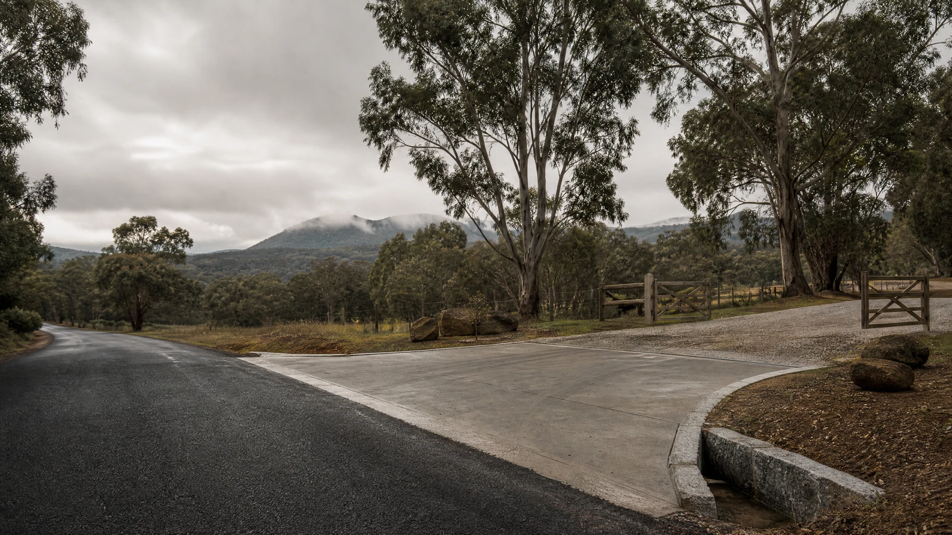 Concrete driveway crossover and country gate in the Macedon Ranges
